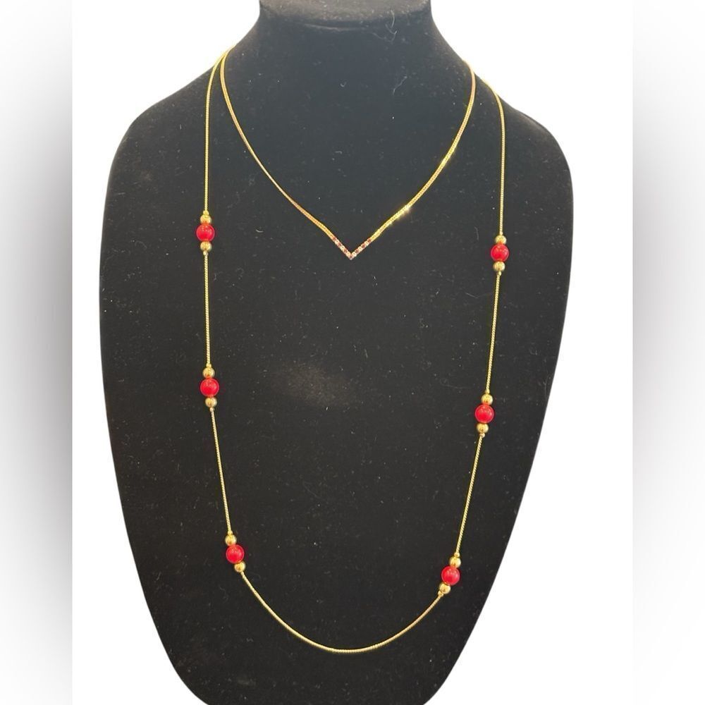 Napier and Avon Gold and Red Beaded Necklace Set
